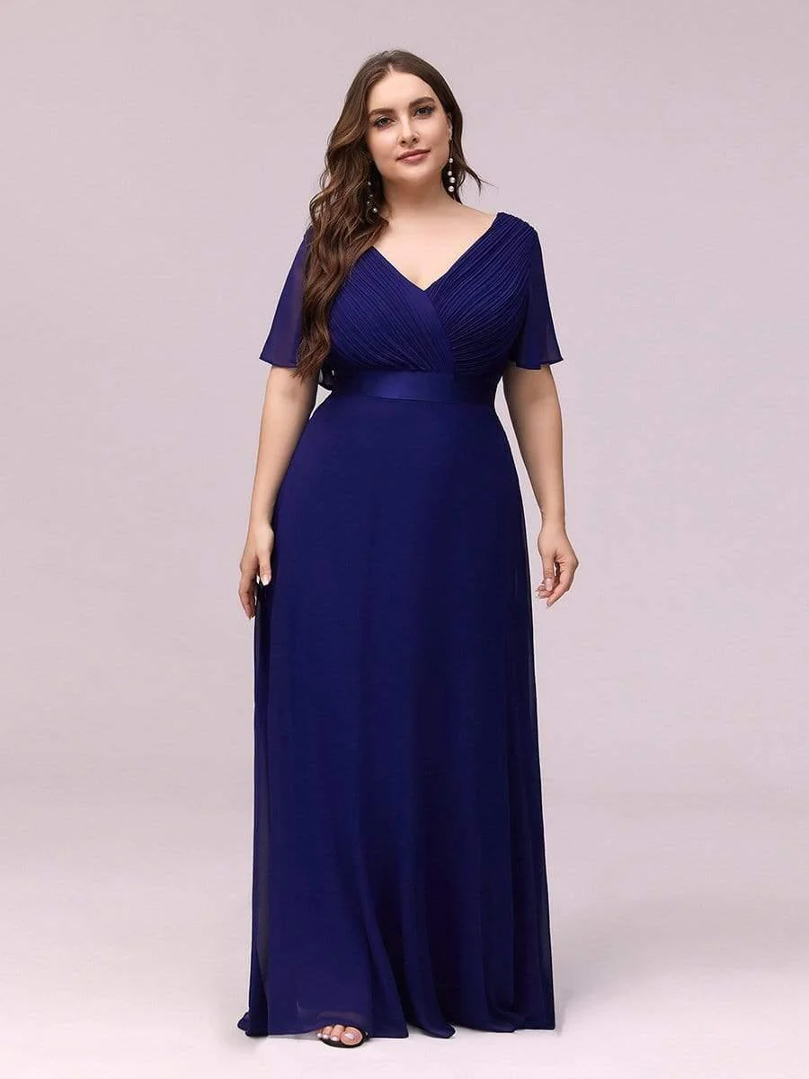 pretty MONICA|Plus Size Long Empire Waist Bridesmaid Dress with Short Flutter Sleeves - Image 50