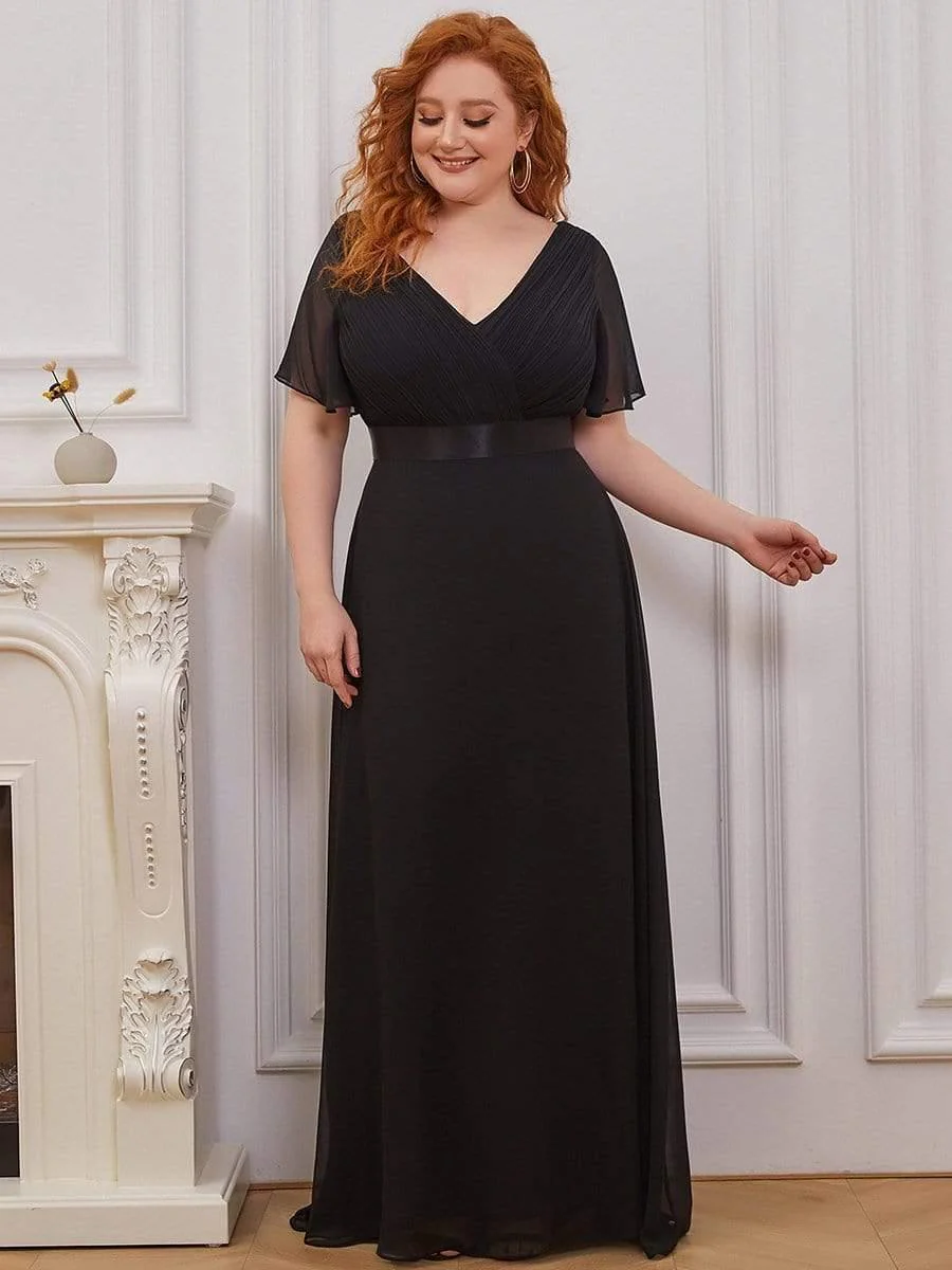 pretty MONICA|Plus Size Long Empire Waist Bridesmaid Dress with Short Flutter Sleeves - Image 56