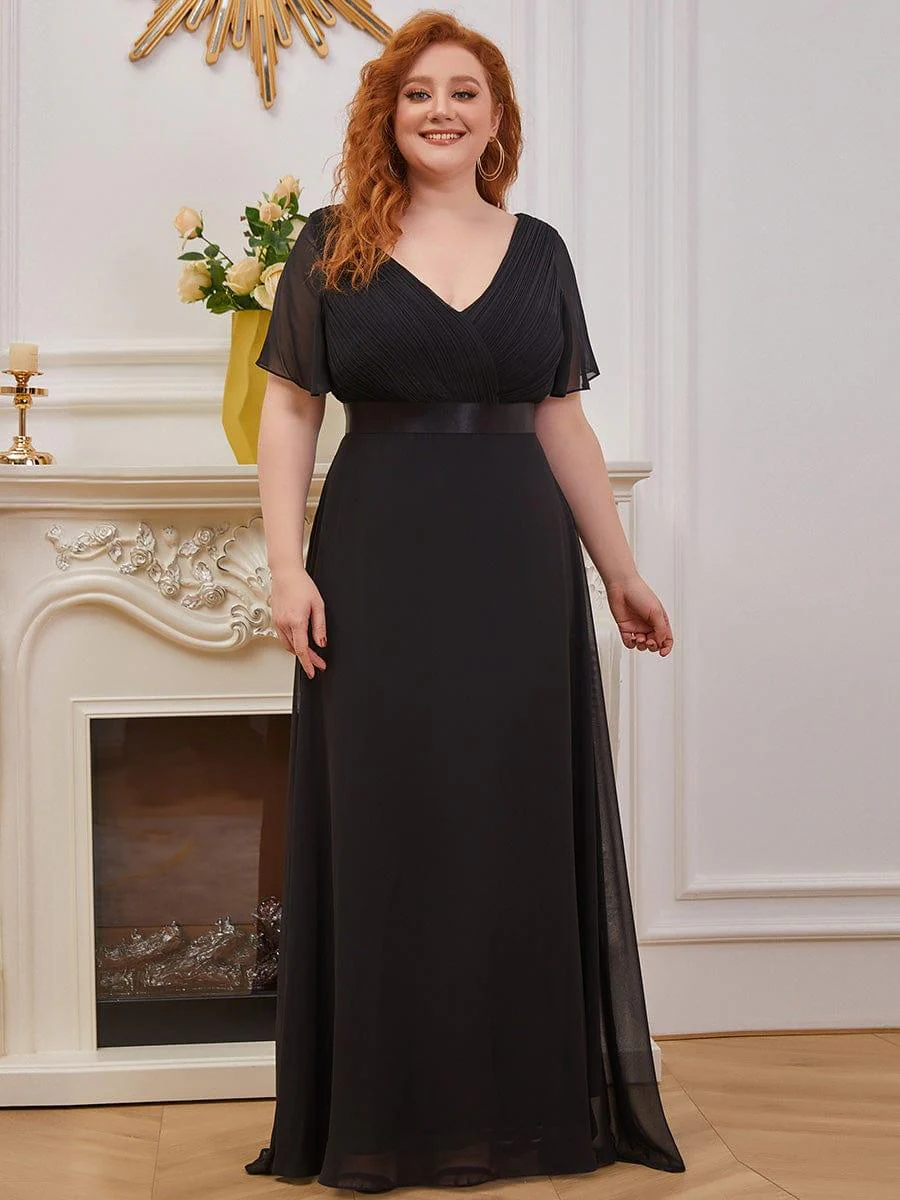 pretty MONICA|Plus Size Long Empire Waist Bridesmaid Dress with Short Flutter Sleeves - Image 57