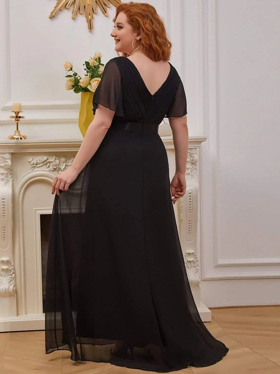 pretty MONICA|Plus Size Long Empire Waist Bridesmaid Dress with Short Flutter Sleeves - Image 58