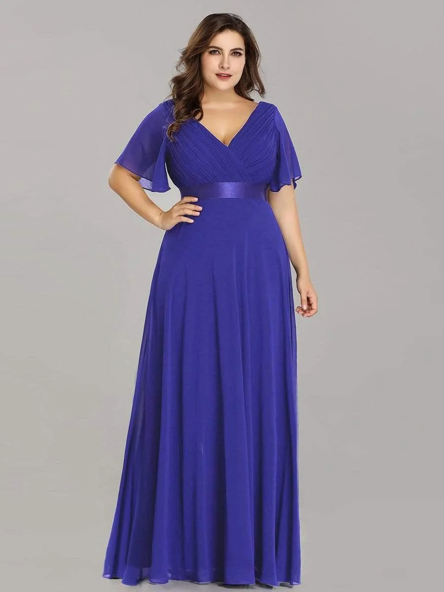 pretty MONICA|Plus Size Long Empire Waist Bridesmaid Dress with Short Flutter Sleeves - Image 60