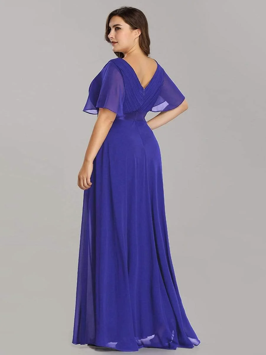 pretty MONICA|Plus Size Long Empire Waist Bridesmaid Dress with Short Flutter Sleeves - Image 61