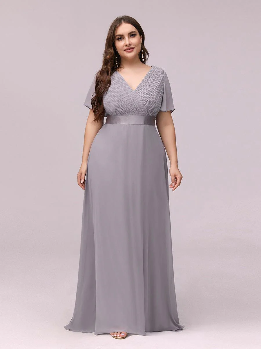pretty MONICA|Plus Size Long Empire Waist Bridesmaid Dress with Short Flutter Sleeves - Image 64