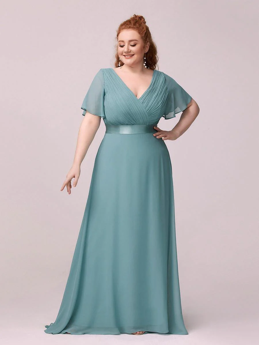 pretty MONICA|Plus Size Long Empire Waist Bridesmaid Dress with Short Flutter Sleeves - Image 68