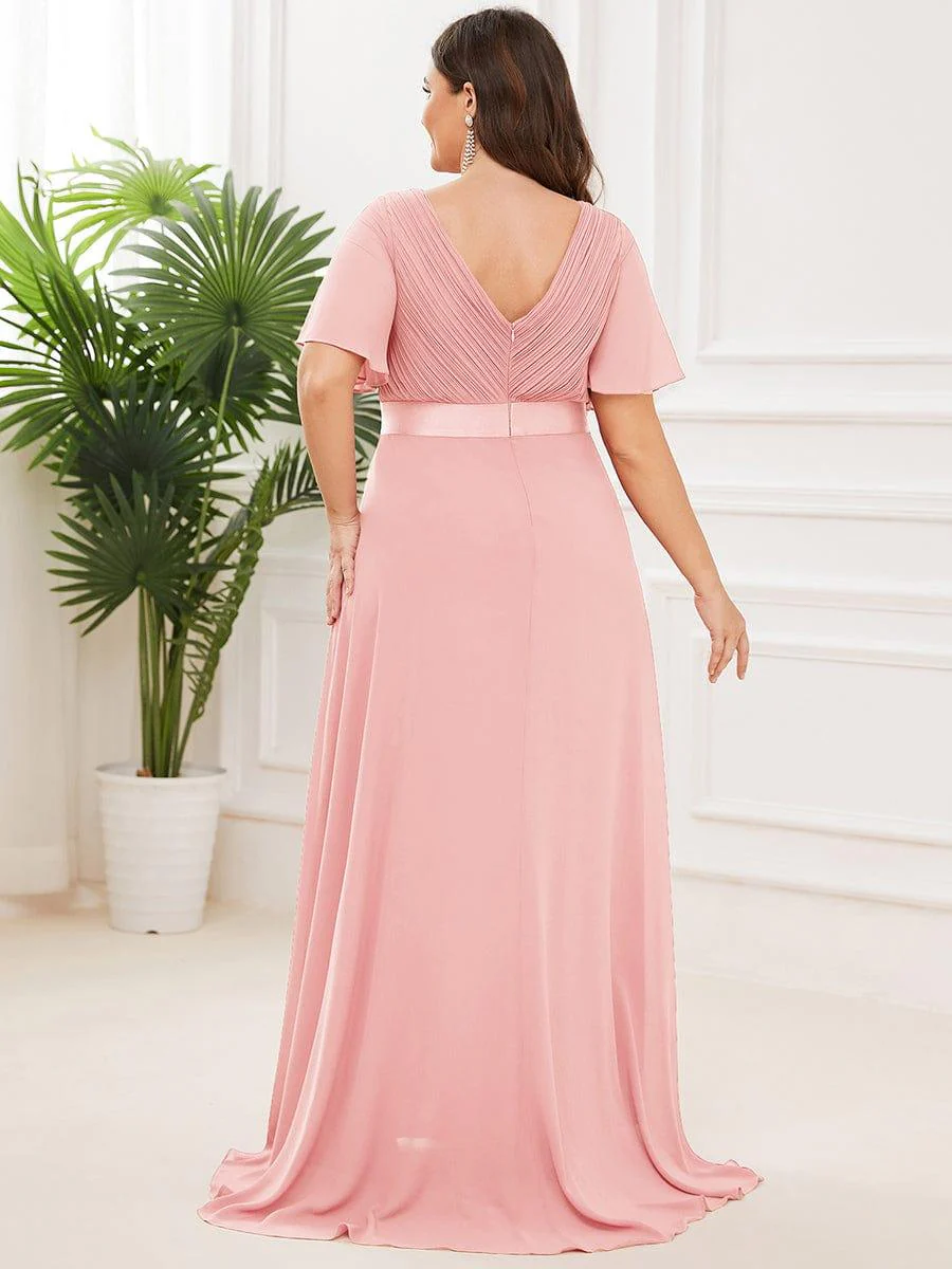 pretty MONICA|Plus Size Long Empire Waist Bridesmaid Dress with Short Flutter Sleeves - Image 7