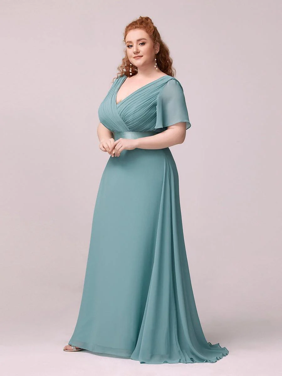 pretty MONICA|Plus Size Long Empire Waist Bridesmaid Dress with Short Flutter Sleeves - Image 70