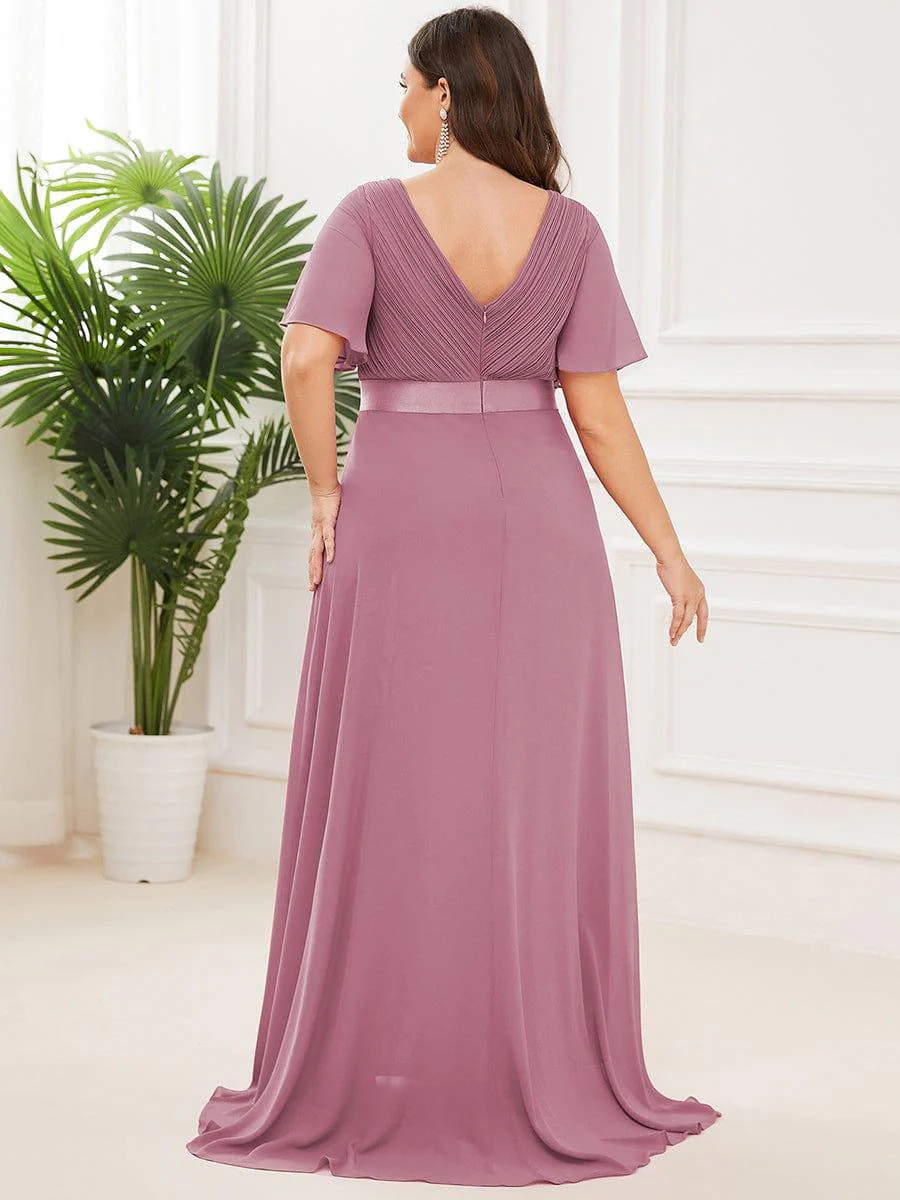 pretty MONICA|Plus Size Long Empire Waist Bridesmaid Dress with Short Flutter Sleeves - Image 73