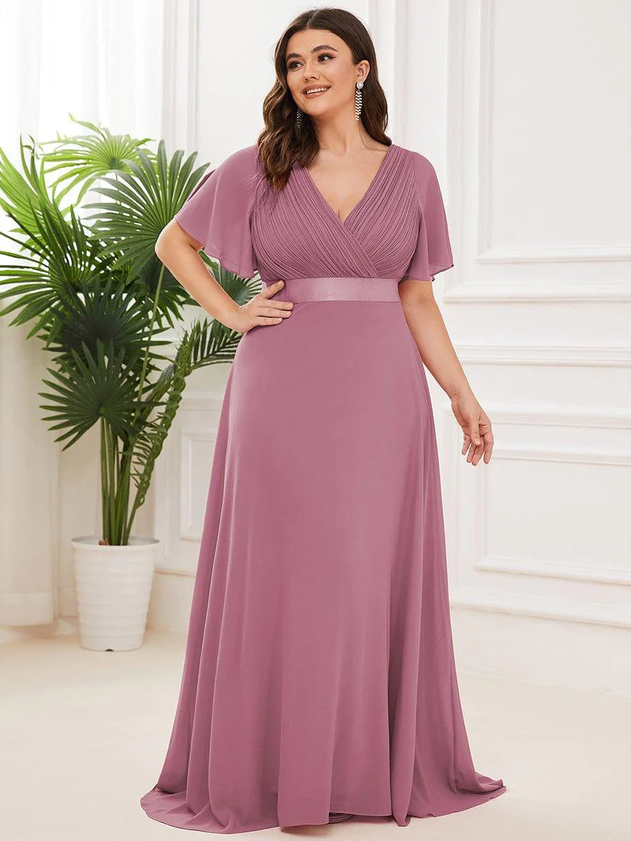 pretty MONICA|Plus Size Long Empire Waist Bridesmaid Dress with Short Flutter Sleeves - Image 74