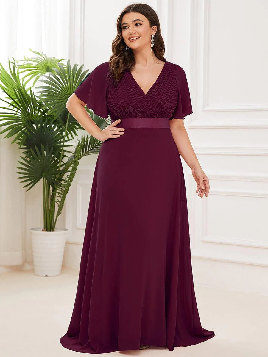 pretty MONICA|Plus Size Long Empire Waist Bridesmaid Dress with Short Flutter Sleeves - Image 79