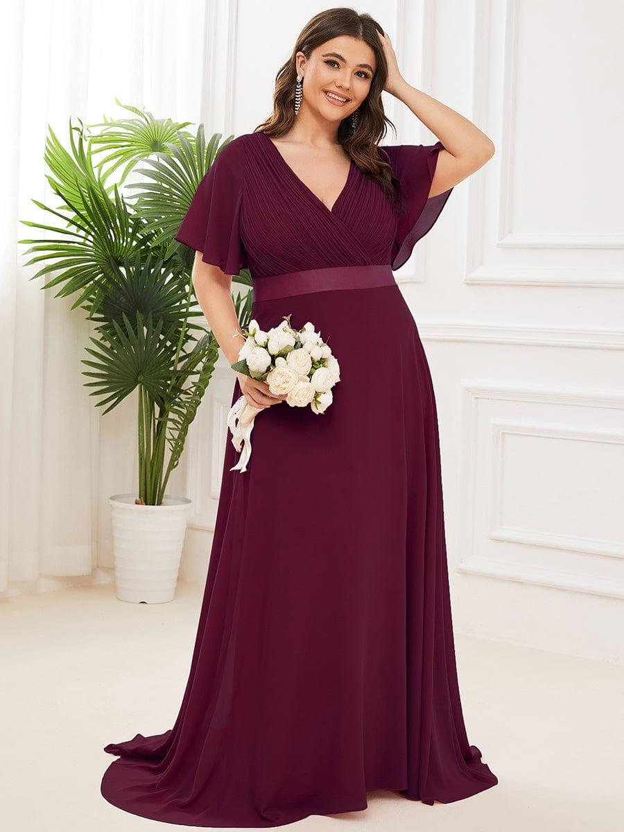 pretty MONICA|Plus Size Long Empire Waist Bridesmaid Dress with Short Flutter Sleeves - Image 80