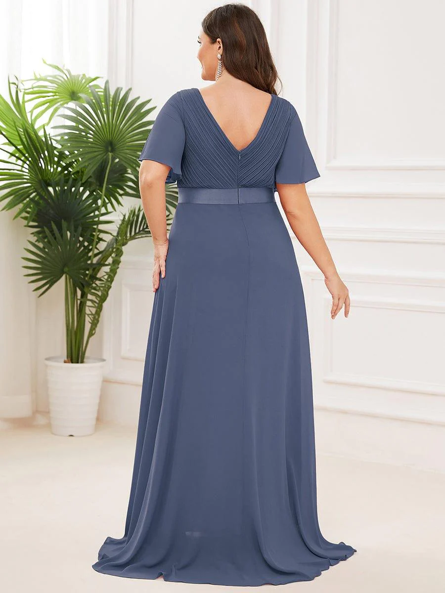 pretty MONICA|Plus Size Long Empire Waist Bridesmaid Dress with Short Flutter Sleeves - Image 82