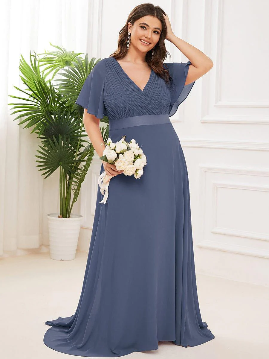 pretty MONICA|Plus Size Long Empire Waist Bridesmaid Dress with Short Flutter Sleeves - Image 85