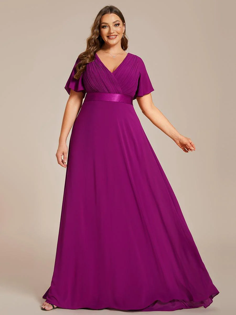 pretty MONICA|Plus Size Long Empire Waist Bridesmaid Dress with Short Flutter Sleeves - Image 89