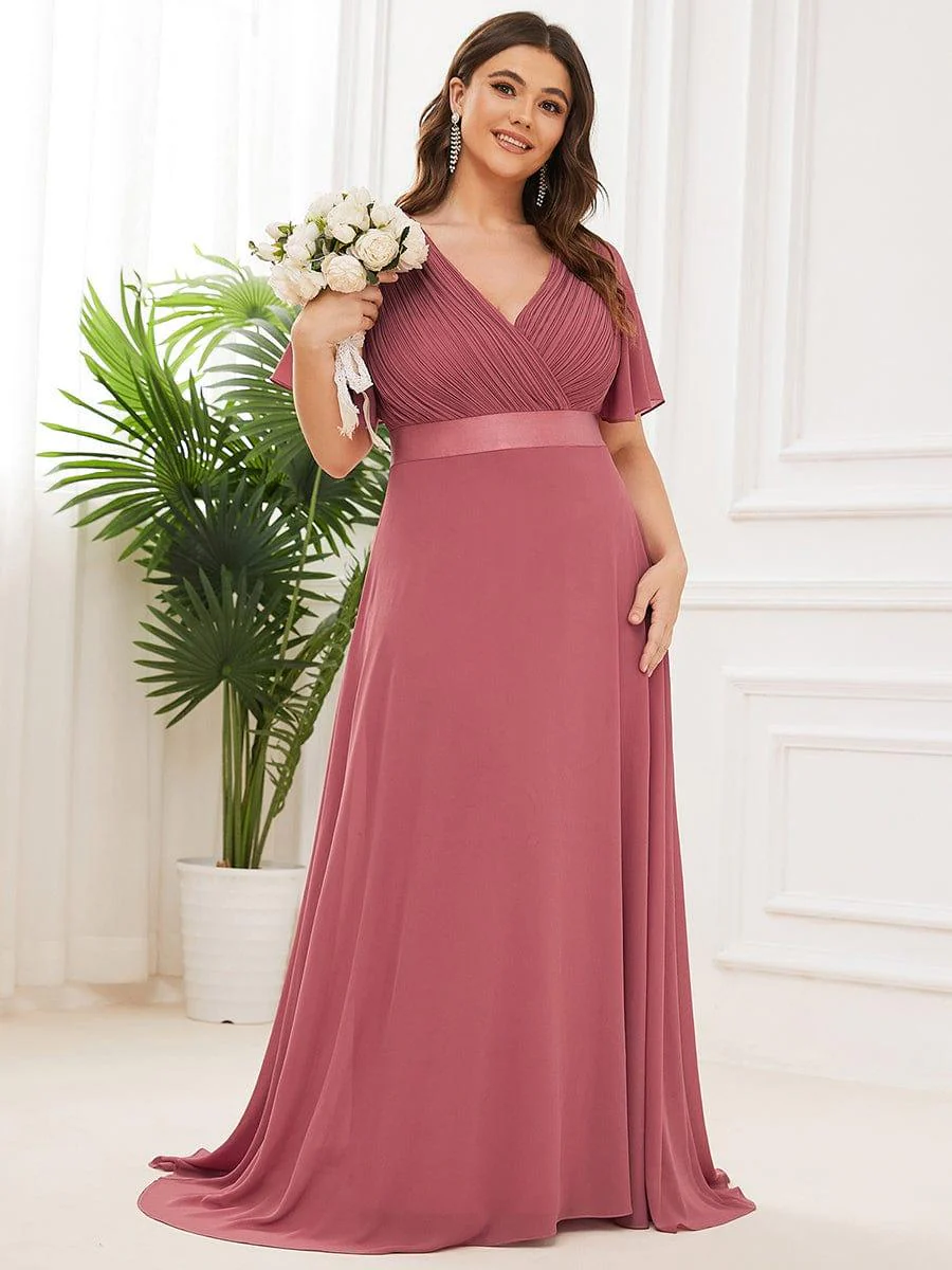 pretty MONICA|Plus Size Long Empire Waist Bridesmaid Dress with Short Flutter Sleeves - Image 96