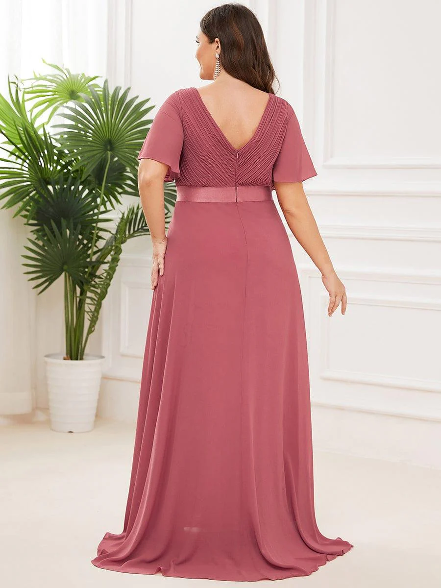 pretty MONICA|Plus Size Long Empire Waist Bridesmaid Dress with Short Flutter Sleeves - Image 97