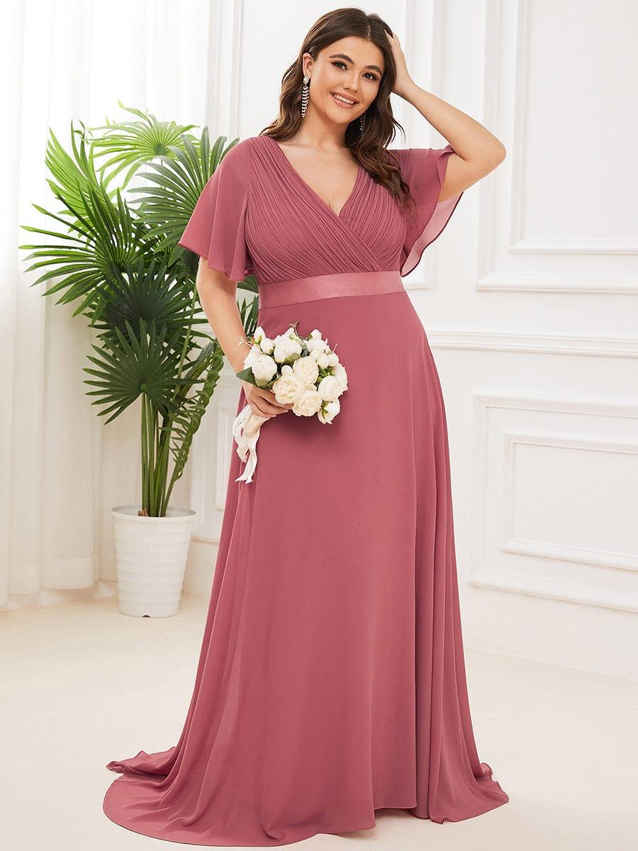 pretty MONICA|Plus Size Long Empire Waist Bridesmaid Dress with Short Flutter Sleeves - Image 99