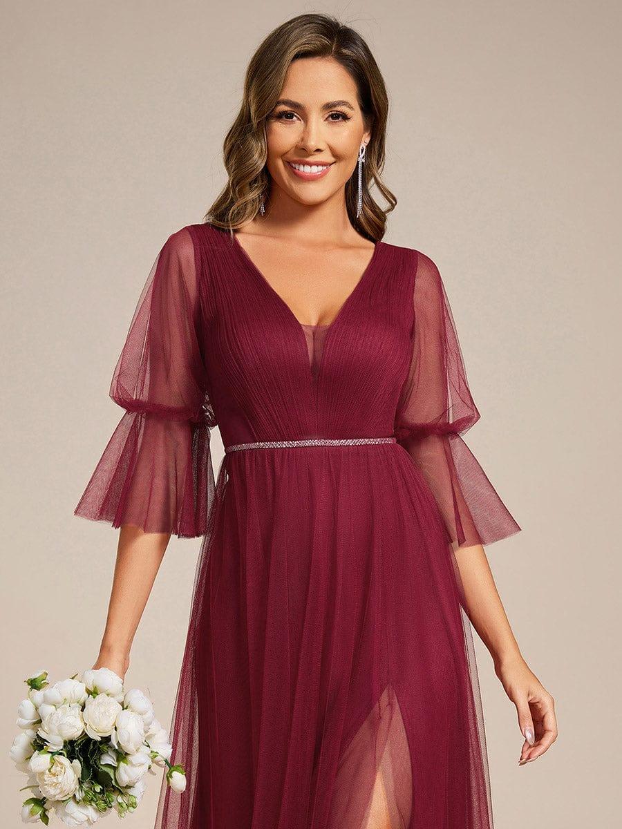 ever HEIDY|3/4 Sleeve Deep V-Neck Tulle Bridesmaid Dress with Chain Waist Detail - Image 13