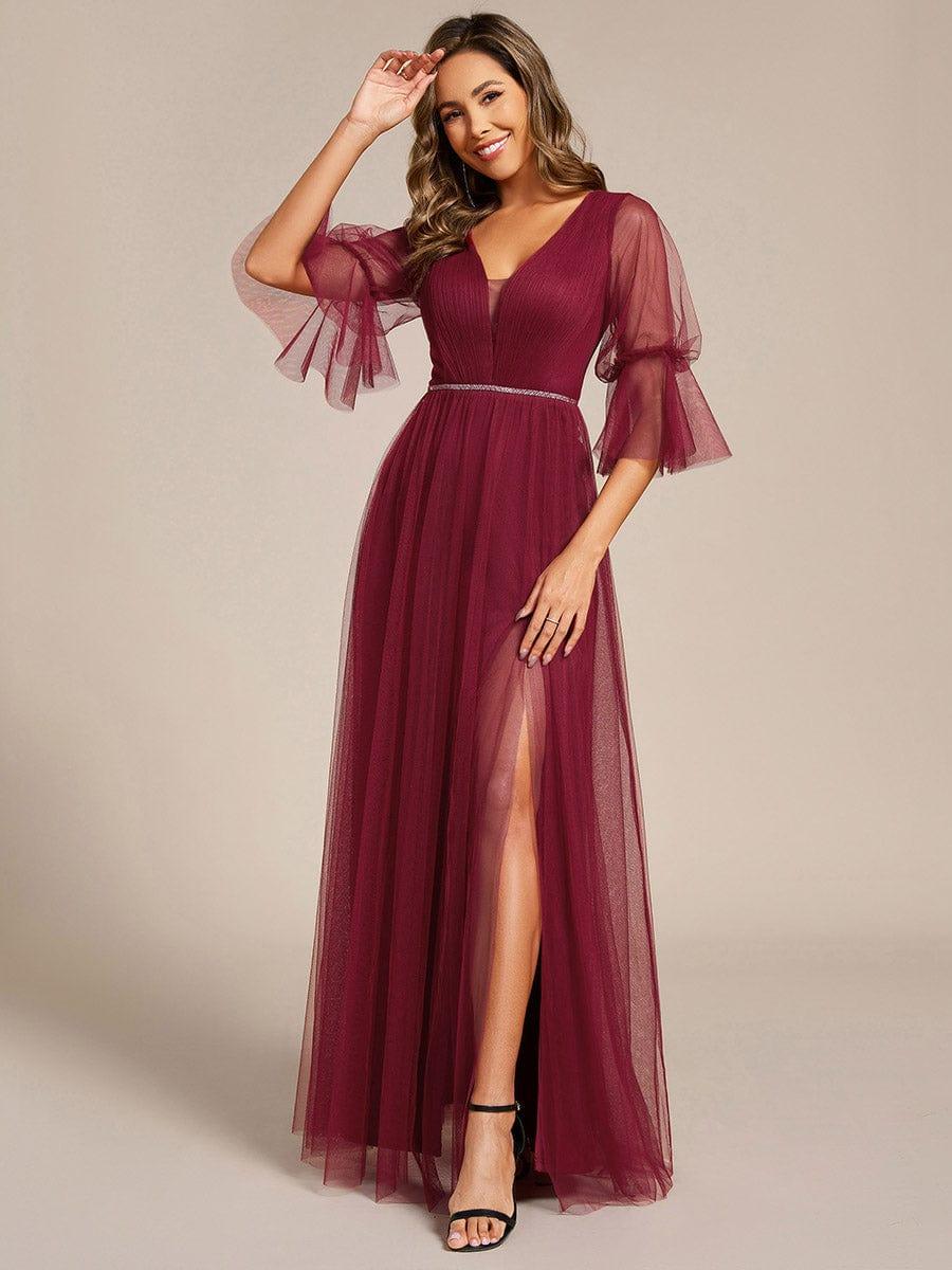 ever HEIDY|3/4 Sleeve Deep V-Neck Tulle Bridesmaid Dress with Chain Waist Detail - Image 14