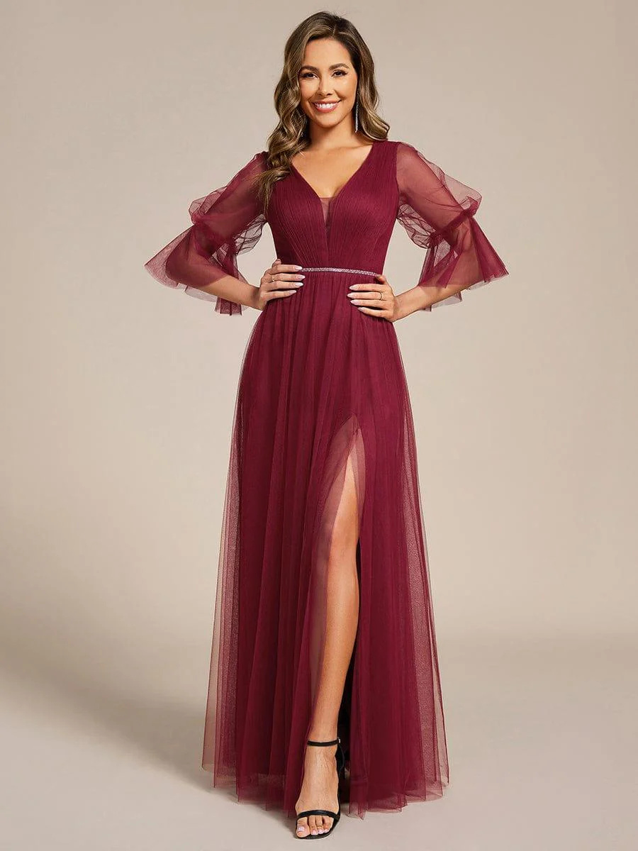 ever HEIDY|3/4 Sleeve Deep V-Neck Tulle Bridesmaid Dress with Chain Waist Detail - Image 15