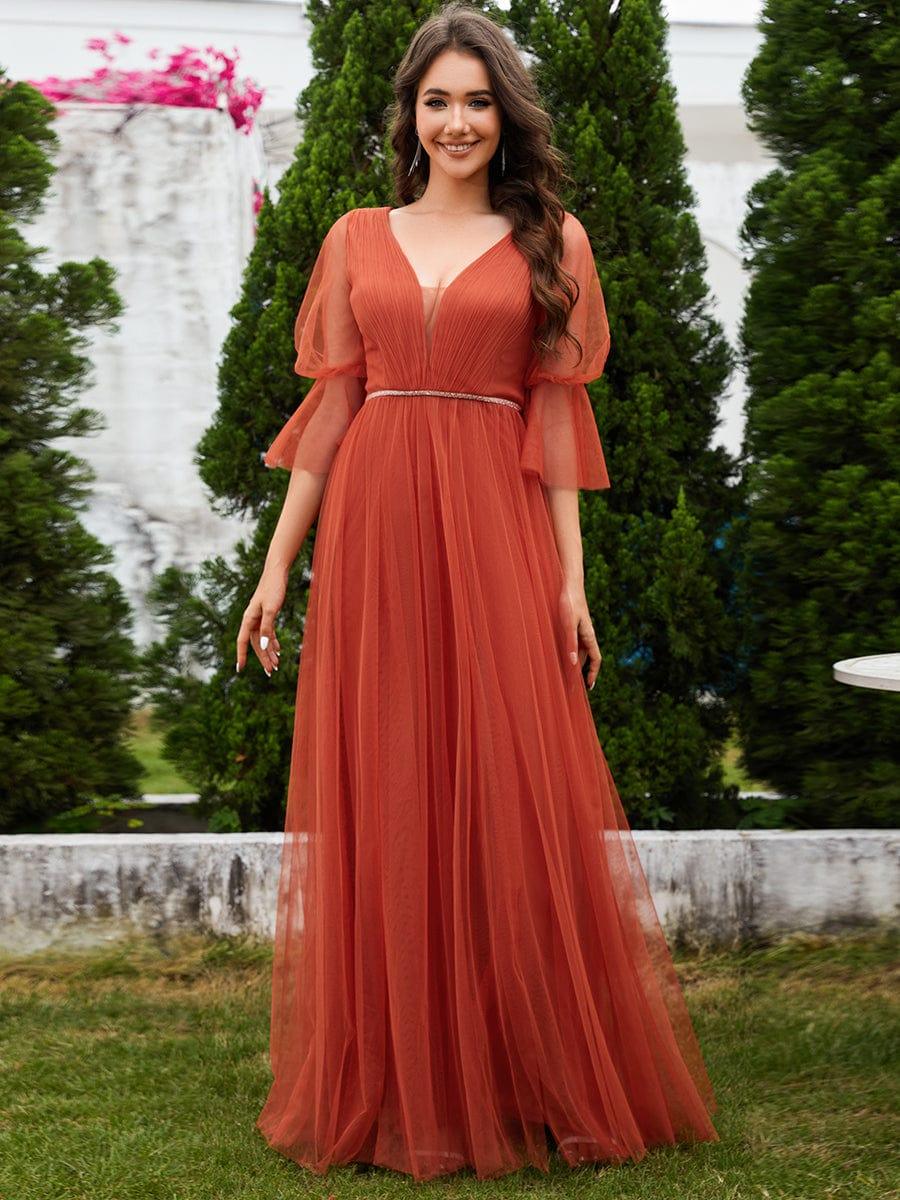 ever HEIDY|3/4 Sleeve Deep V-Neck Tulle Bridesmaid Dress with Chain Waist Detail - Image 4