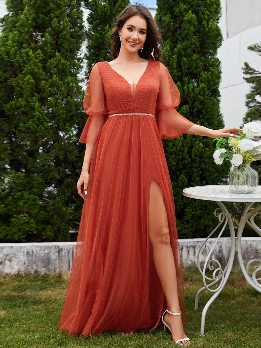 ever HEIDY|3/4 Sleeve Deep V-Neck Tulle Bridesmaid Dress with Chain Waist Detail - Image 5