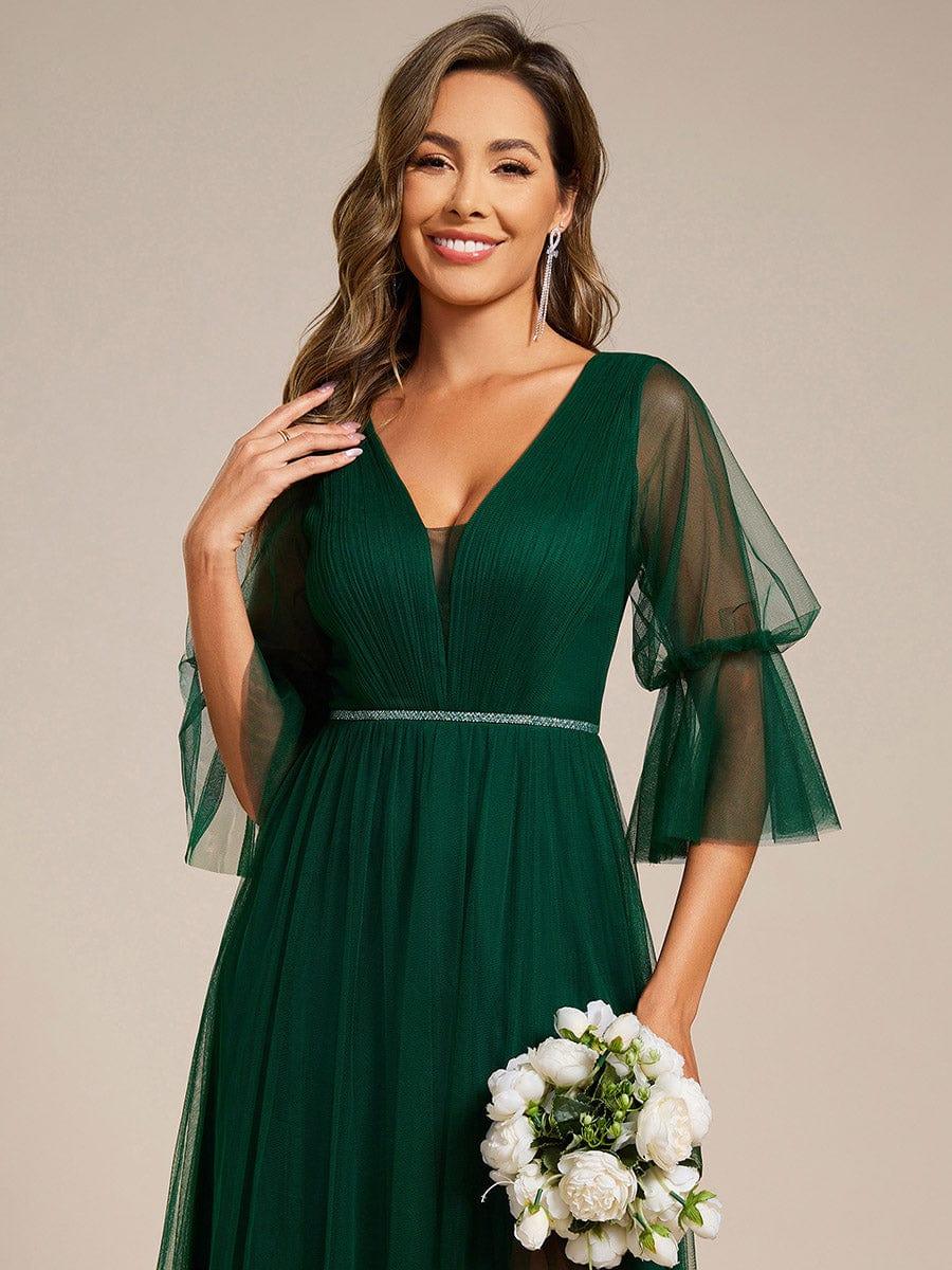 ever HEIDY|3/4 Sleeve Deep V-Neck Tulle Bridesmaid Dress with Chain Waist Detail - Image 8
