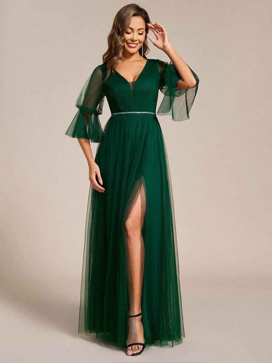 ever HEIDY|3/4 Sleeve Deep V-Neck Tulle Bridesmaid Dress with Chain Waist Detail - Image 9