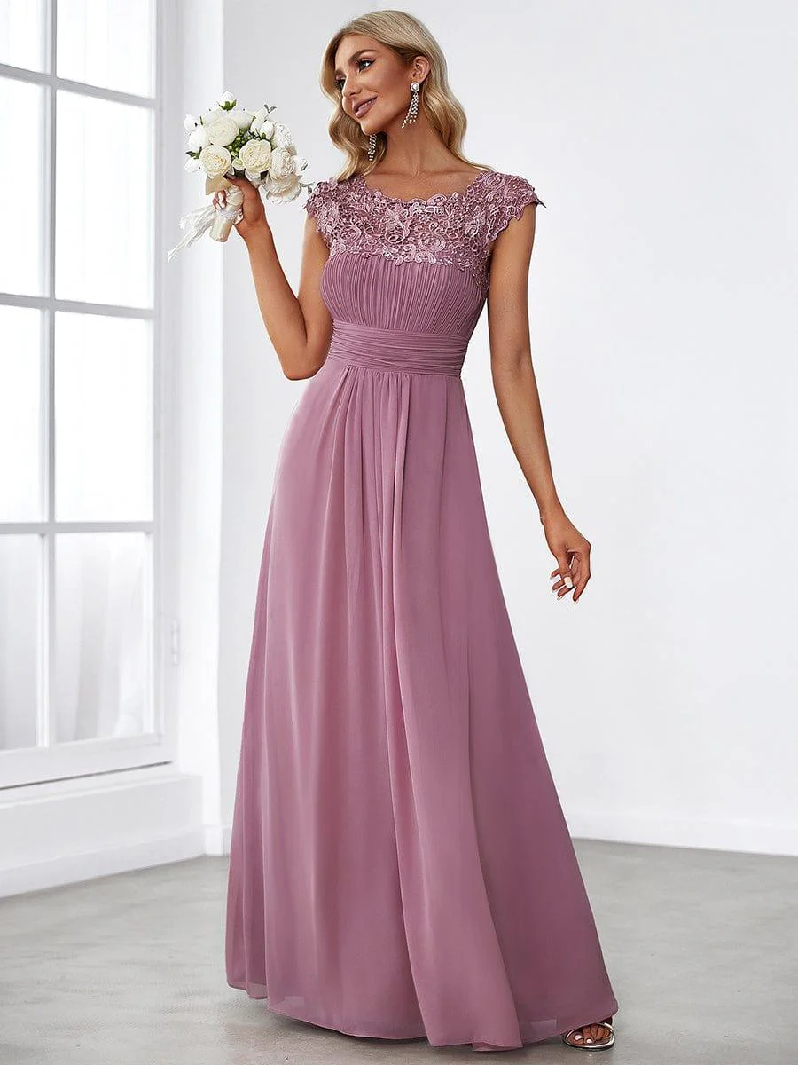 Flattering A-Line Chiffon Lace Evening Dress for Wedding with Cap Sleeve(Final Sale) - Image 12