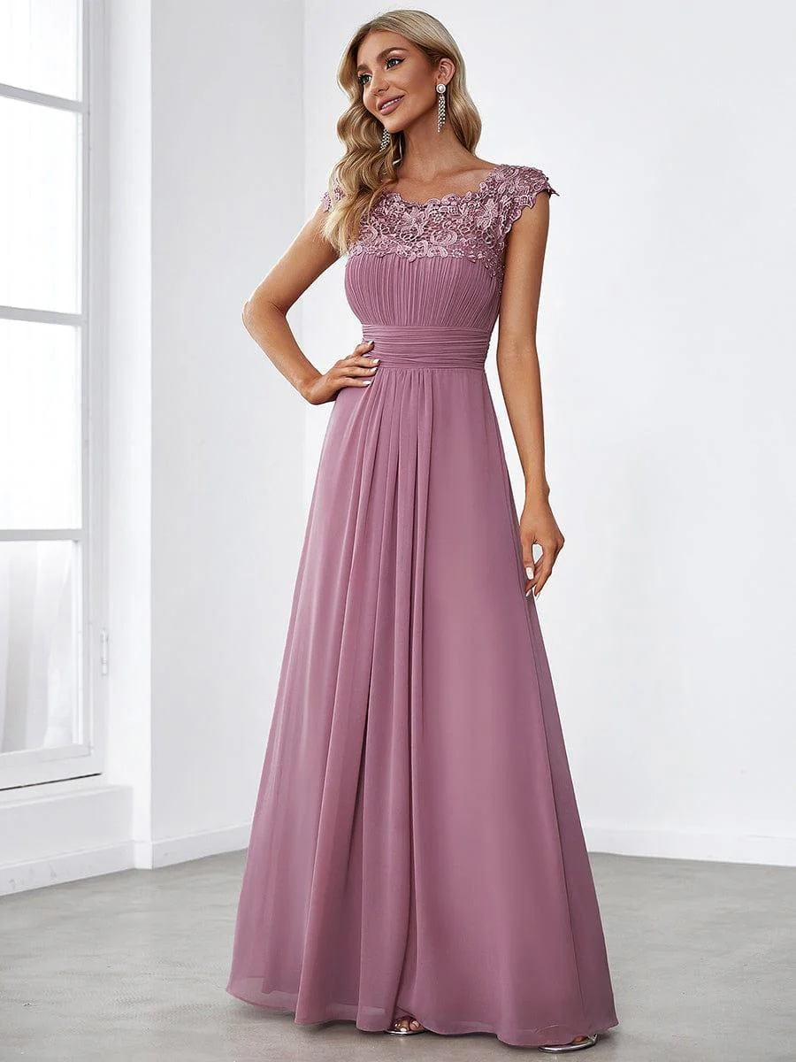 Flattering A-Line Chiffon Lace Evening Dress for Wedding with Cap Sleeve(Final Sale) - Image 14