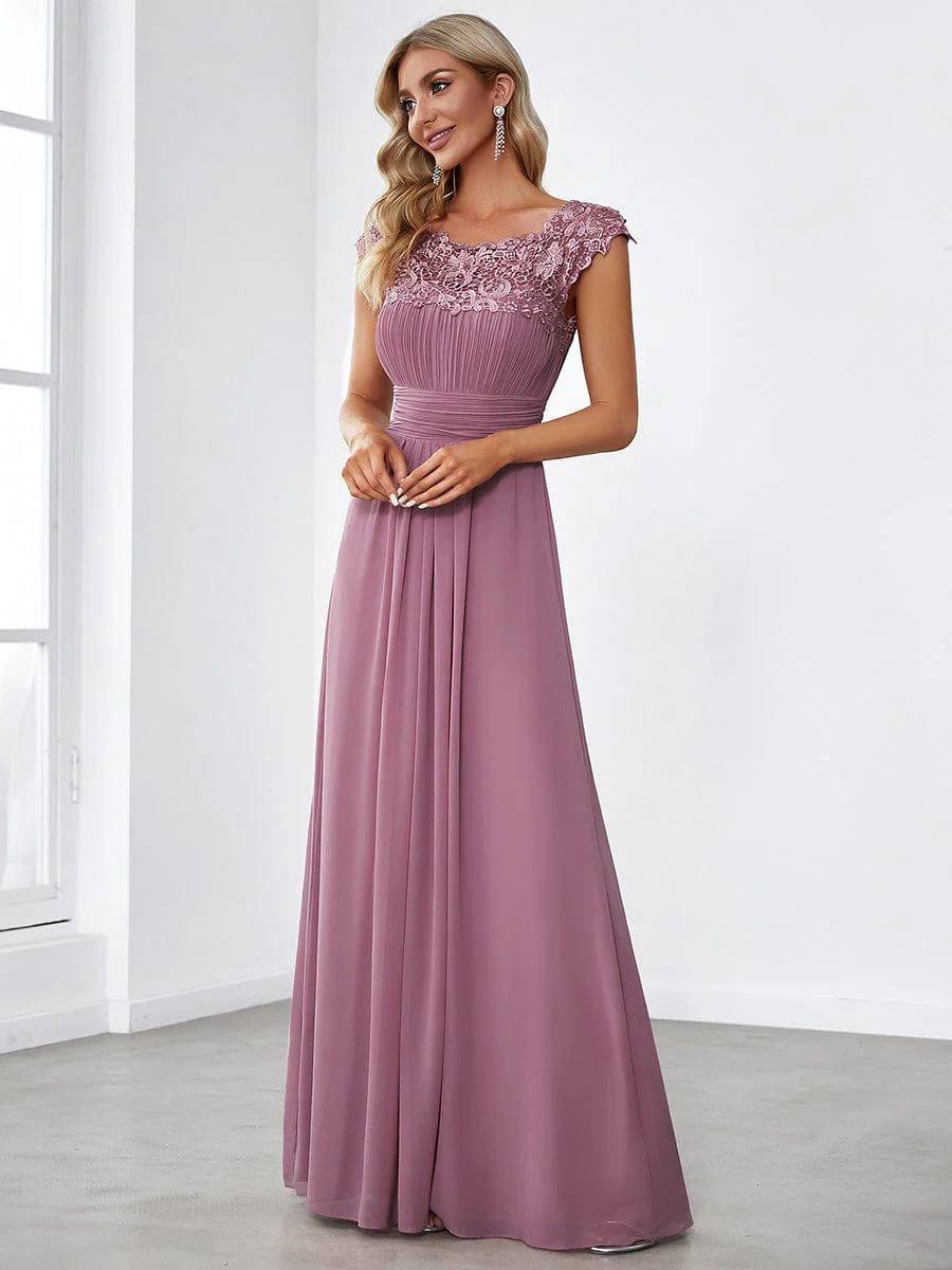 Flattering A-Line Chiffon Lace Evening Dress for Wedding with Cap Sleeve(Final Sale) - Image 16