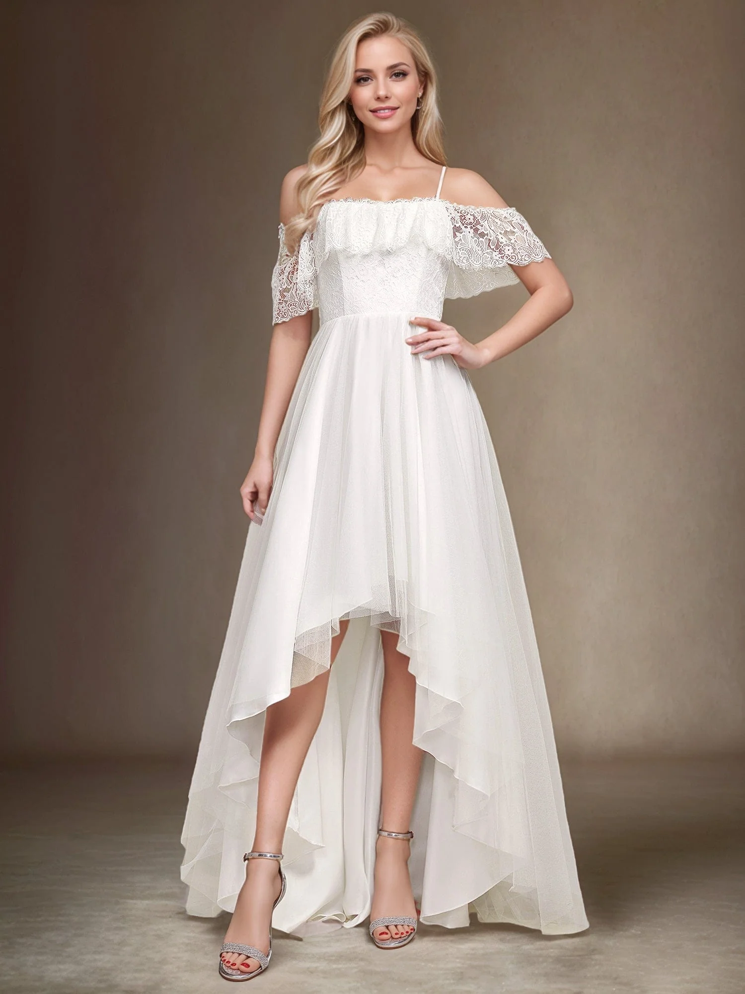 Maxi Long Spaghetti Straps High Low Lace Wedding Dress - Image 14