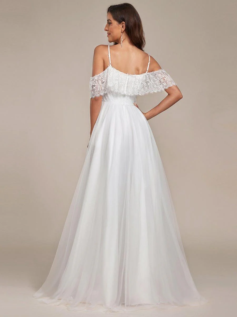 Maxi Long Spaghetti Straps High Low Lace Wedding Dress - Image 3