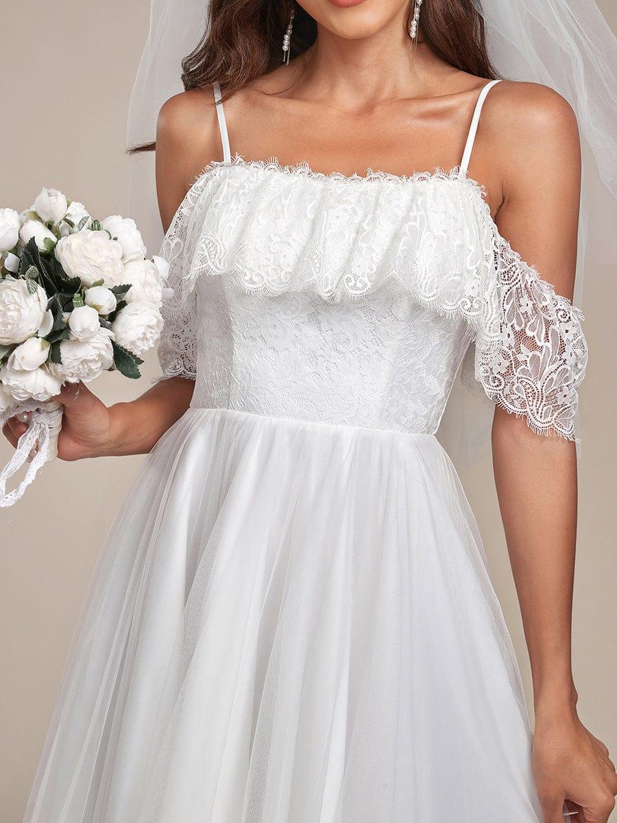Maxi Long Spaghetti Straps High Low Lace Wedding Dress - Image 4