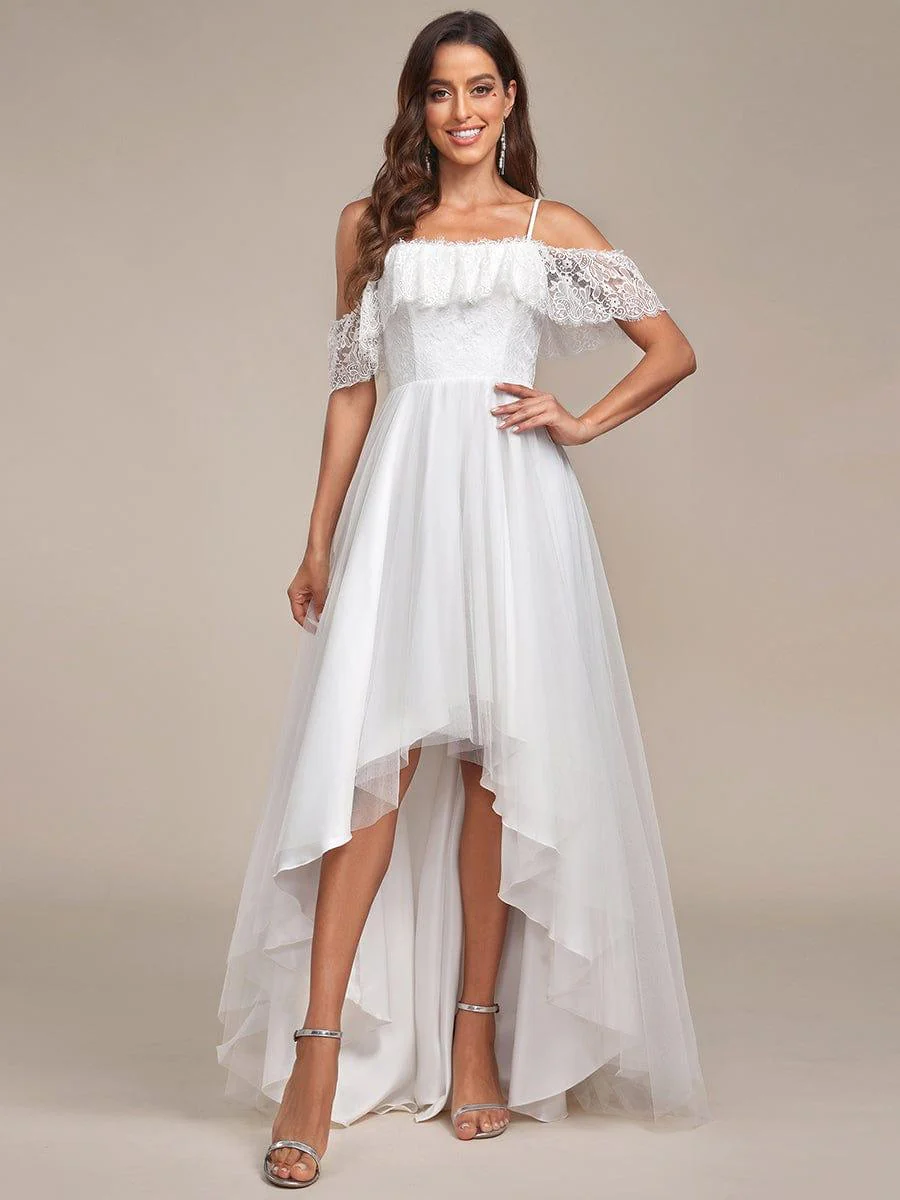 Maxi Long Spaghetti Straps High Low Lace Wedding Dress - Image 6