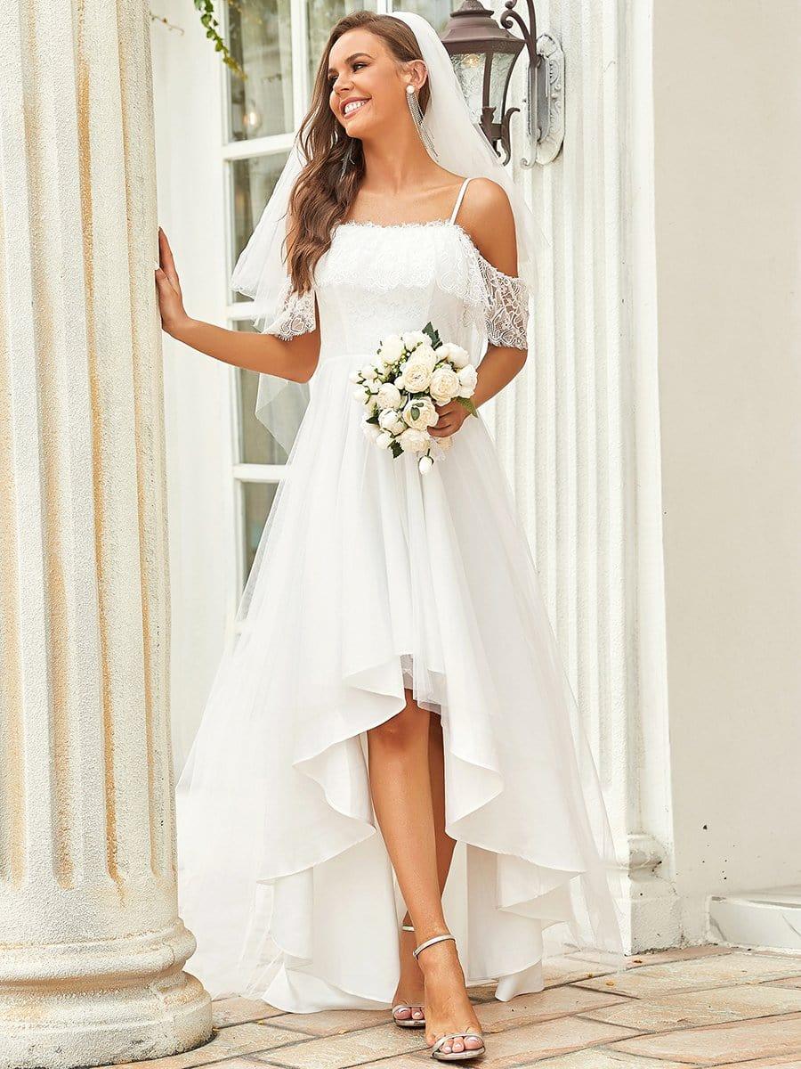 Maxi Long Spaghetti Straps High Low Lace Wedding Dress - Image 8