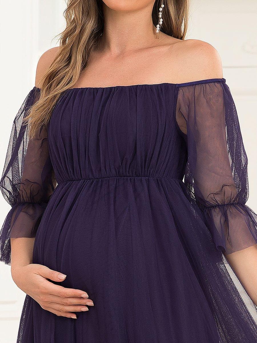 Off the Shoulder Pleated Tulle Maxi Maternity Dress - Image 13