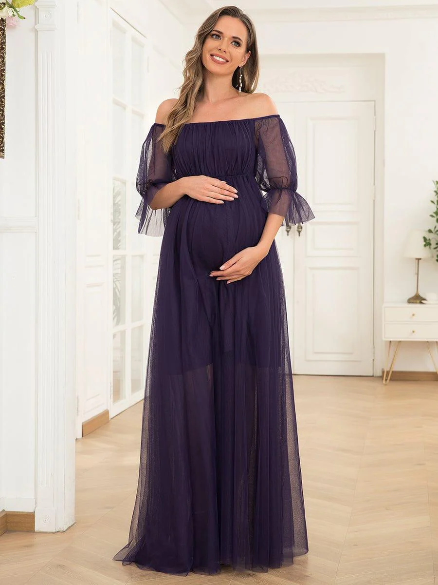 Off the Shoulder Pleated Tulle Maxi Maternity Dress - Image 14