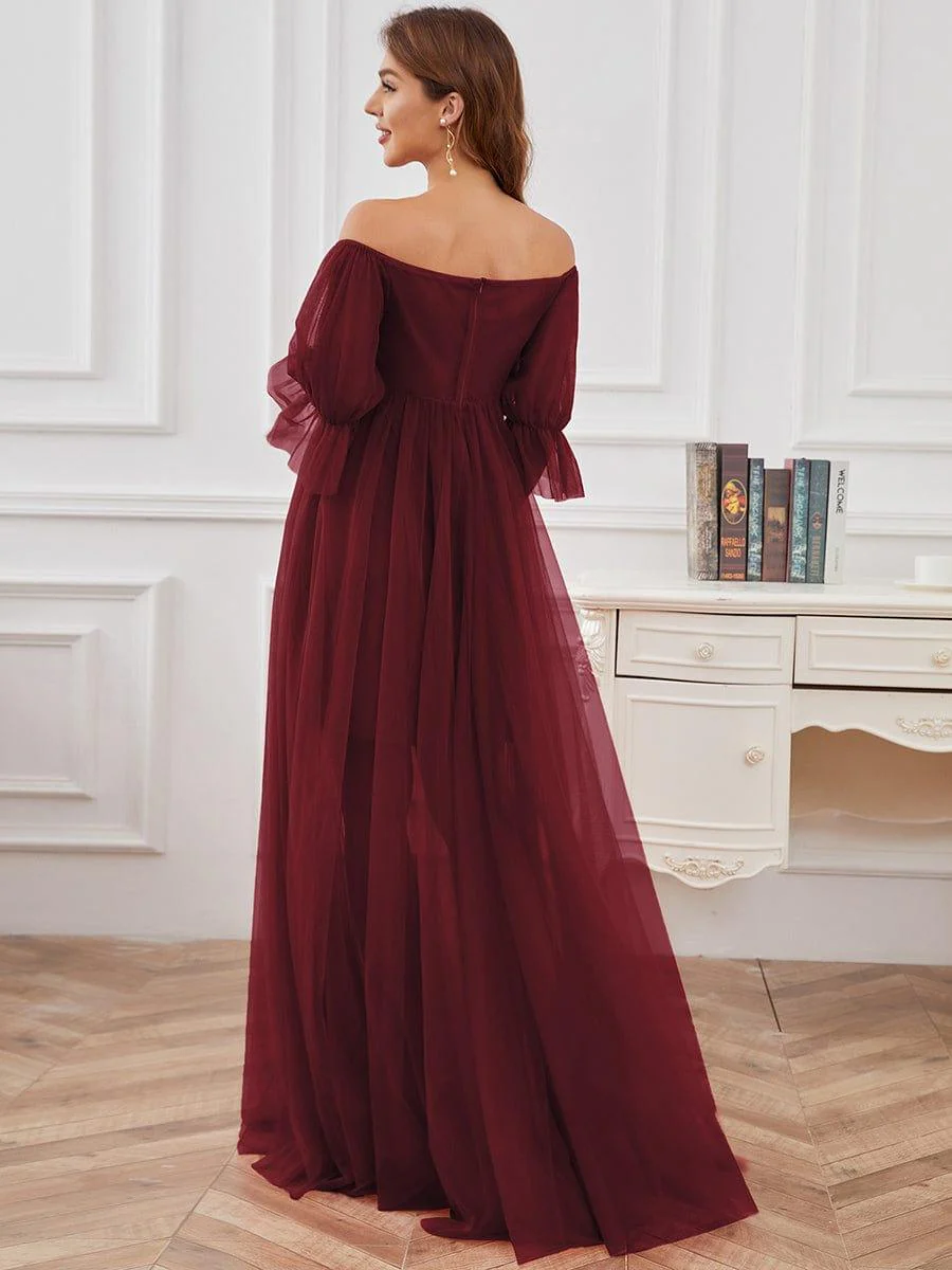 Off the Shoulder Pleated Tulle Maxi Maternity Dress - Image 16