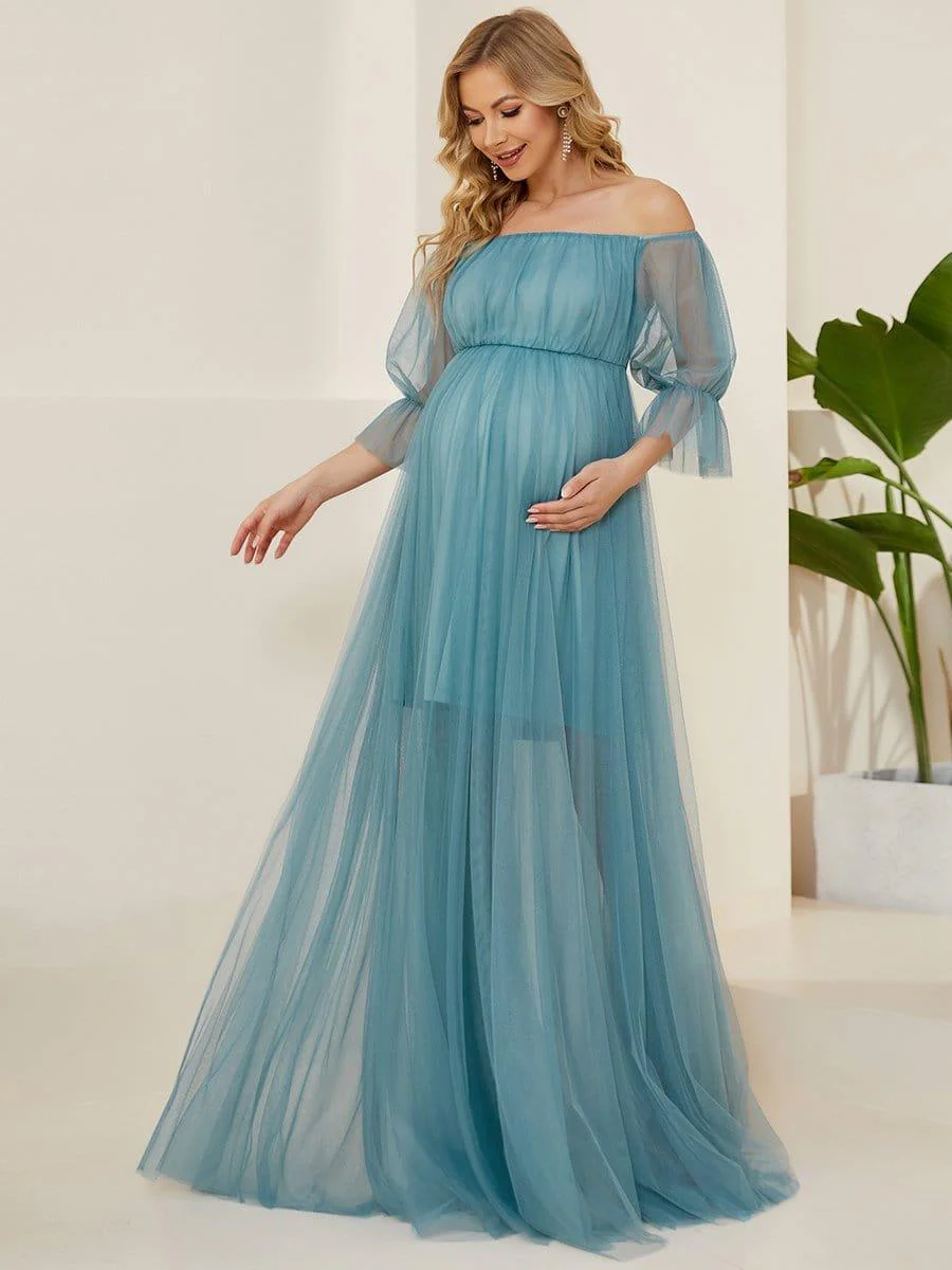 Off the Shoulder Pleated Tulle Maxi Maternity Dress - Image 19