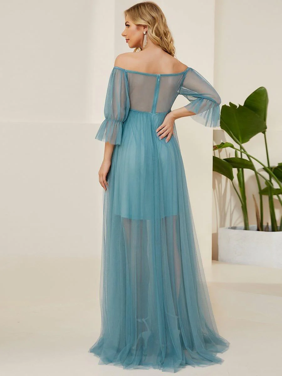 Off the Shoulder Pleated Tulle Maxi Maternity Dress - Image 20