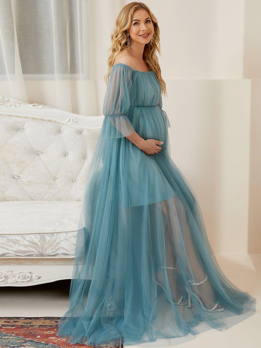 Off the Shoulder Pleated Tulle Maxi Maternity Dress - Image 22