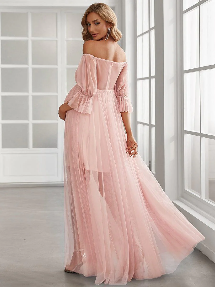 Off the Shoulder Pleated Tulle Maxi Maternity Dress - Image 25