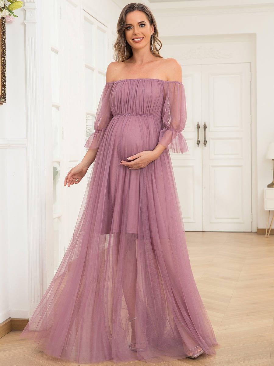 Off the Shoulder Pleated Tulle Maxi Maternity Dress - Image 29
