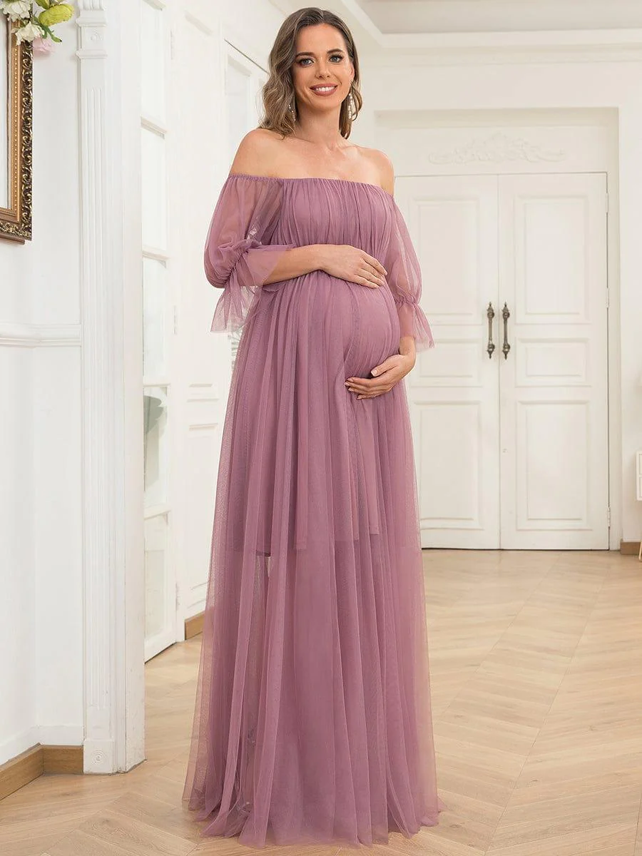 Off the Shoulder Pleated Tulle Maxi Maternity Dress - Image 33