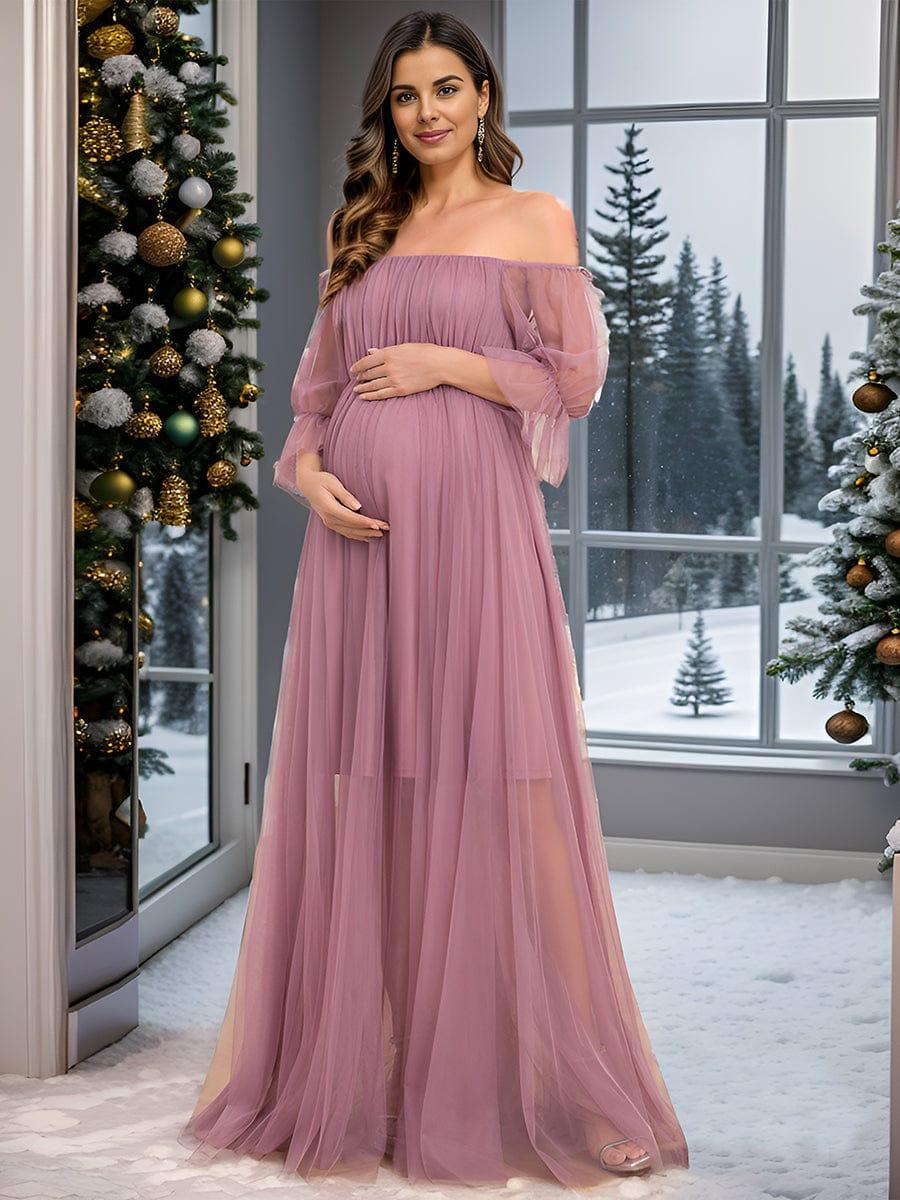 Off the Shoulder Pleated Tulle Maxi Maternity Dress - Image 34