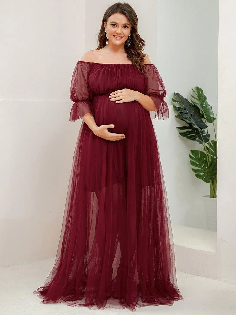Off the Shoulder Pleated Tulle Maxi Maternity Dress - Image 35