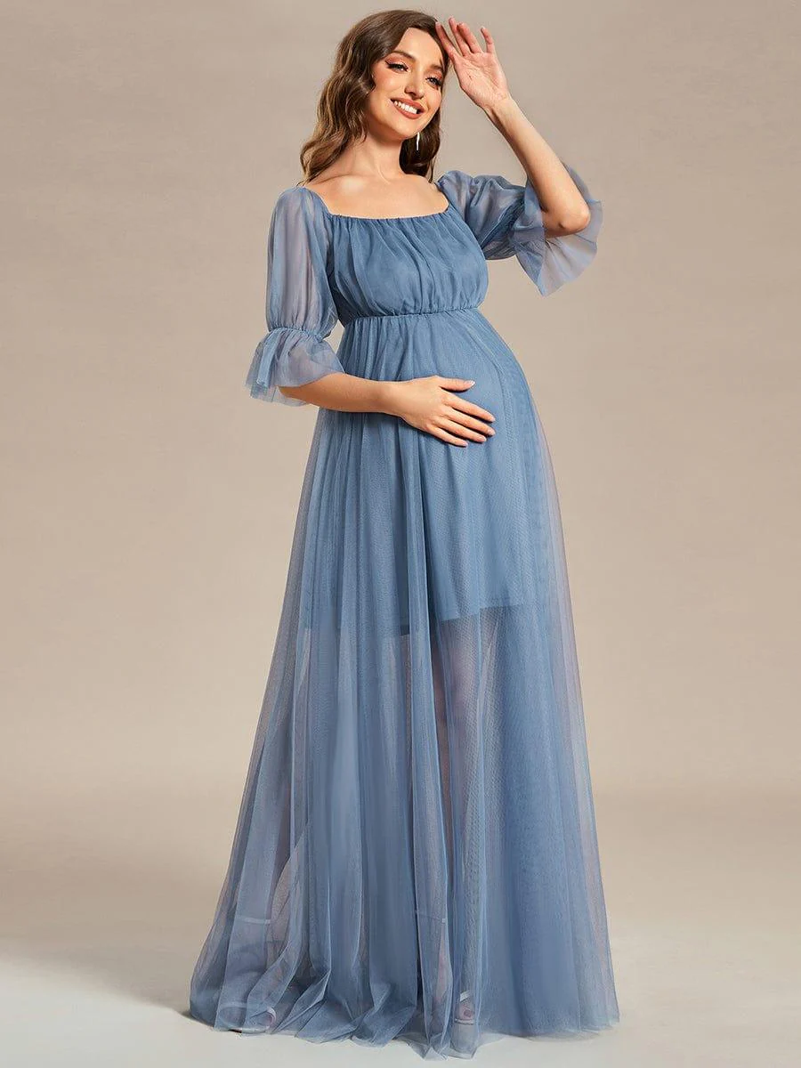 Off the Shoulder Pleated Tulle Maxi Maternity Dress - Image 37