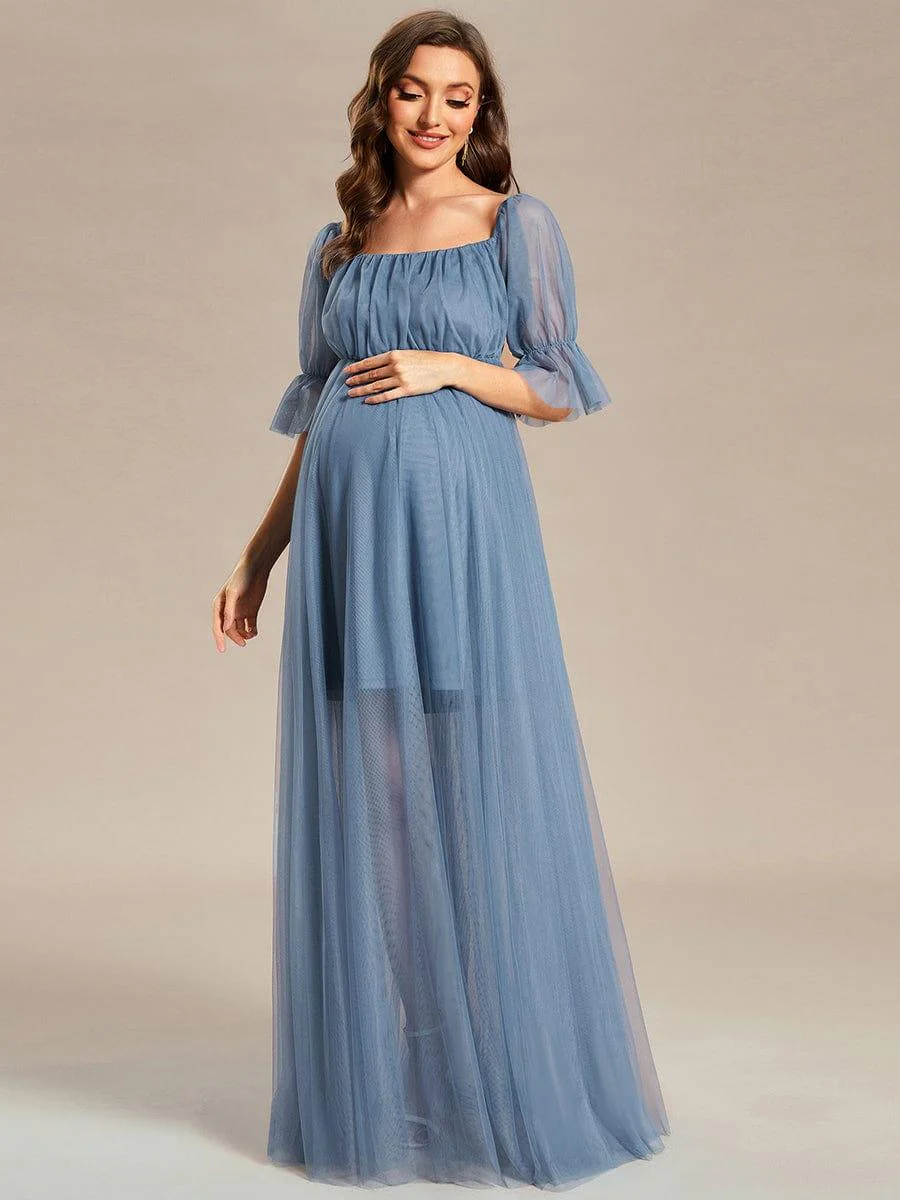 Off the Shoulder Pleated Tulle Maxi Maternity Dress - Image 40