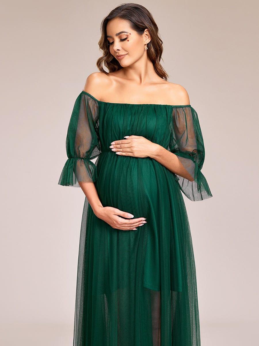 Off the Shoulder Pleated Tulle Maxi Maternity Dress - Image 44