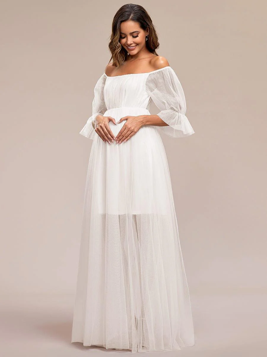 Off the Shoulder Pleated Tulle Maxi Maternity Dress - Image 50